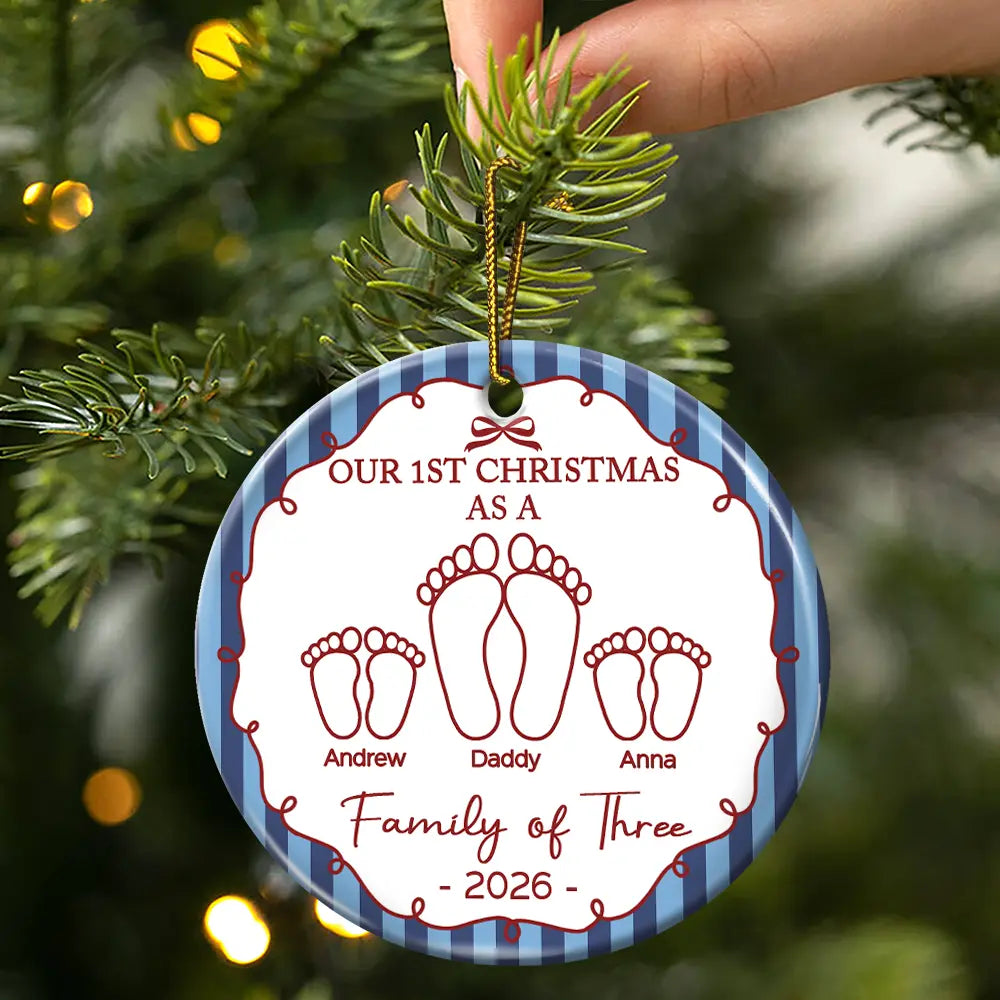 Christmas, Family, Icon, Happy - First Christmas As A Family Of Four Footprints Vintage Stripe - Personalized Circle Ceramic Ornament