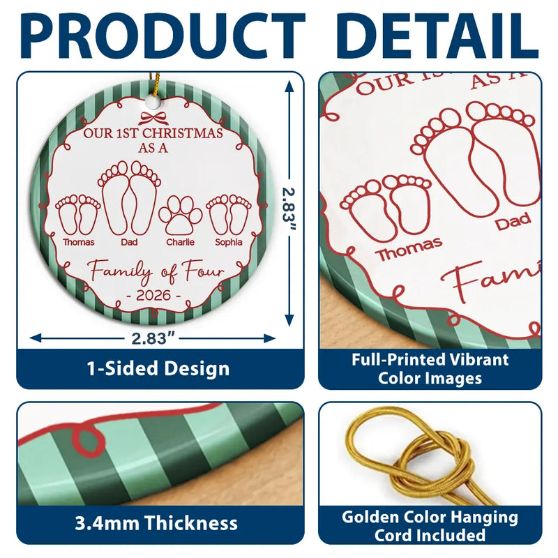 Christmas, Family, Icon, Happy - First Christmas As A Family Of Four Footprints Vintage Stripe - Personalized Circle Ceramic Ornament