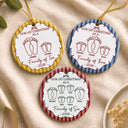 Christmas, Family, Icon, Happy - First Christmas As A Family Of Four Footprints Vintage Stripe - Personalized Circle Ceramic Ornament