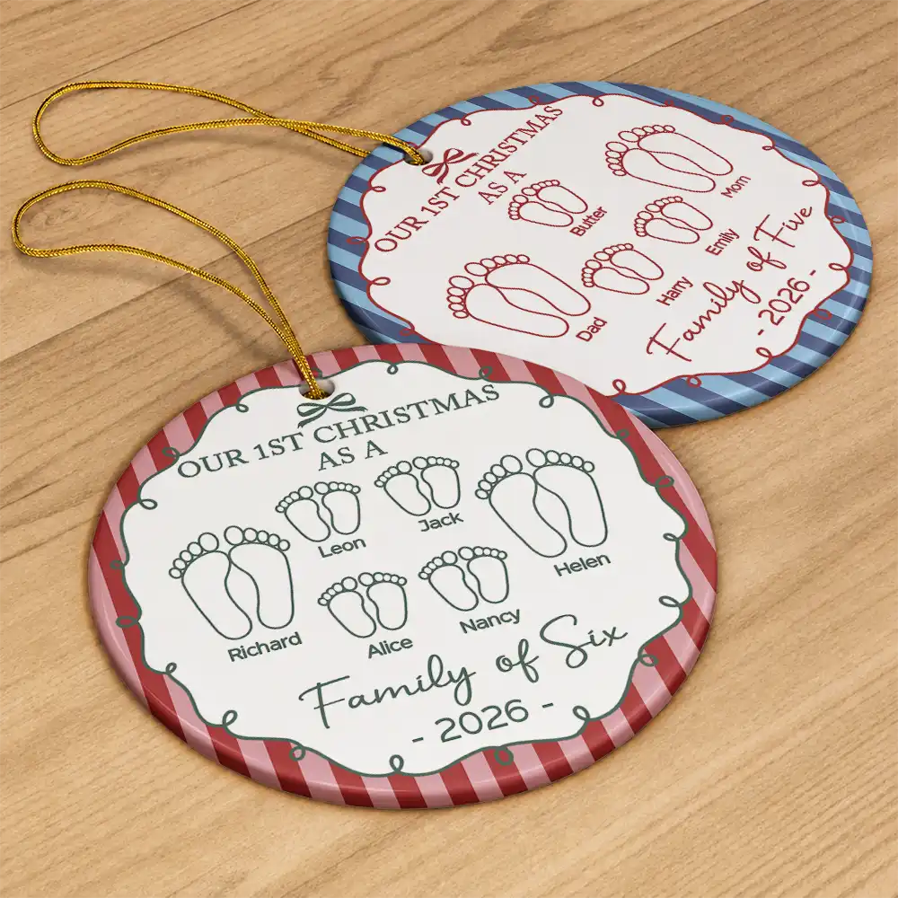 Christmas, Family, Icon, Happy - First Christmas As A Family Of Four Footprints Vintage Stripe - Personalized Circle Ceramic Ornament