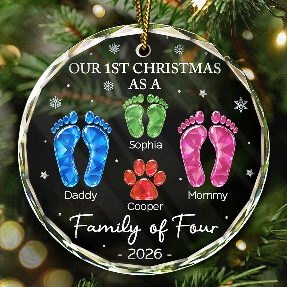 First Christmas As A Family Of Four Glass Effect Footprints - Personalized Circle Glass Ornament