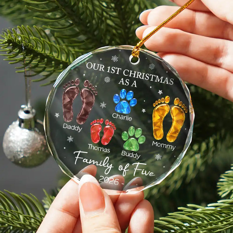 Family, Icon, Happy - First Christmas As A Family Of Four Glass Effect Footprints - Personalized Circle Glass Ornament