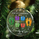 Family, Icon, Happy - First Christmas As A Family Of Four Glass Effect Footprints - Personalized Circle Glass Ornament