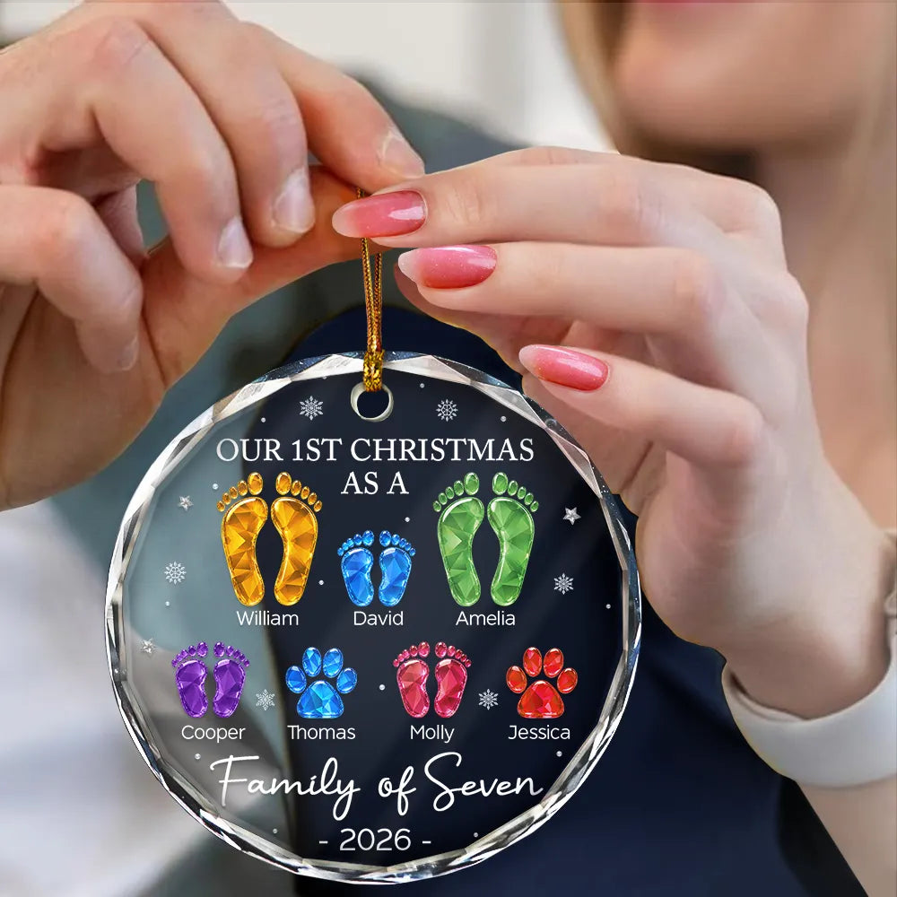 Family, Icon, Happy - First Christmas As A Family Of Four Glass Effect Footprints - Personalized Circle Glass Ornament