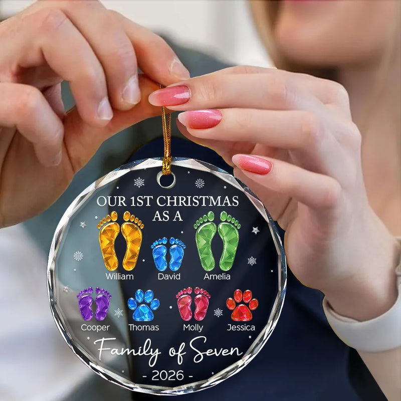 Family, Icon, Happy - First Christmas As A Family Of Four Glass Effect Footprints - Personalized Circle Glass Ornament
