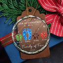 Family, Icon, Happy - First Christmas As A Family Of Four Glass Effect Footprints - Personalized Circle Glass Ornament