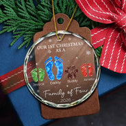 Family, Icon, Happy - First Christmas As A Family Of Four Glass Effect Footprints - Personalized Circle Glass Ornament