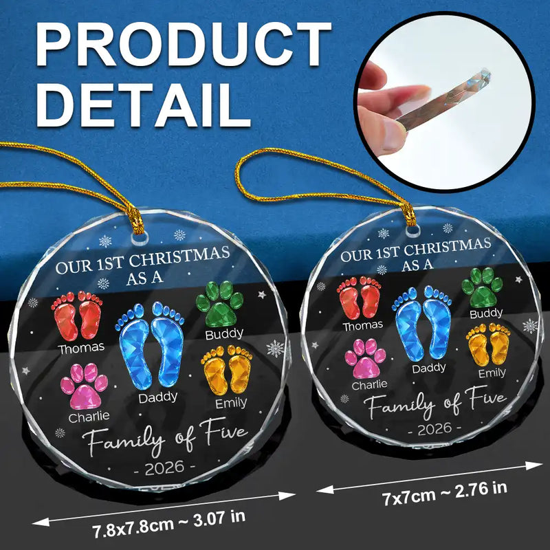 Family, Icon, Happy - First Christmas As A Family Of Four Glass Effect Footprints - Personalized Circle Glass Ornament