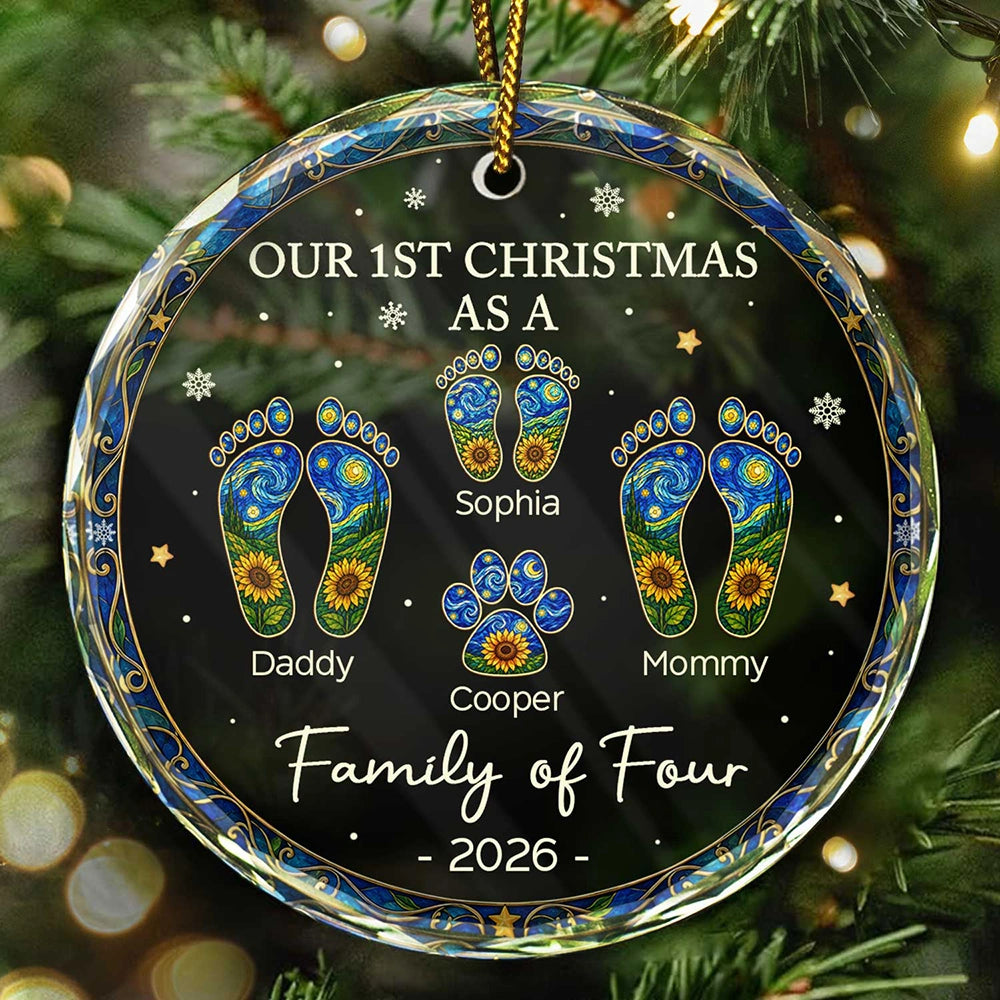 First Christmas As A Family Of Four Sunflower Footprints - Personalized Circle Glass Ornament