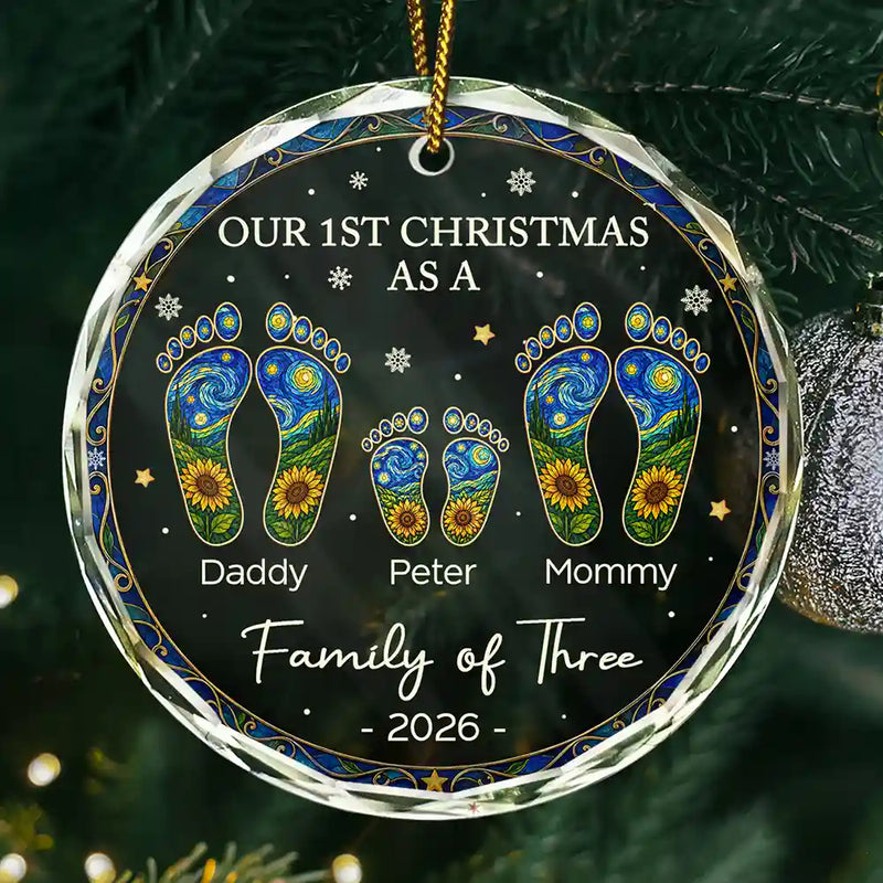 Family,Icon,Happy - First Christmas As A Family Of Four Sunflower Footprints - Personalized Circle Glass Ornament