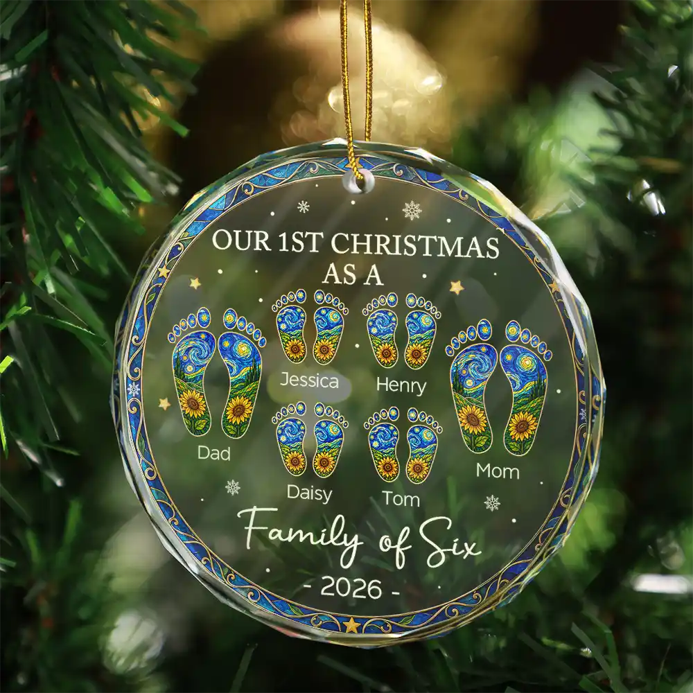 Family,Icon,Happy - First Christmas As A Family Of Four Sunflower Footprints - Personalized Circle Glass Ornament