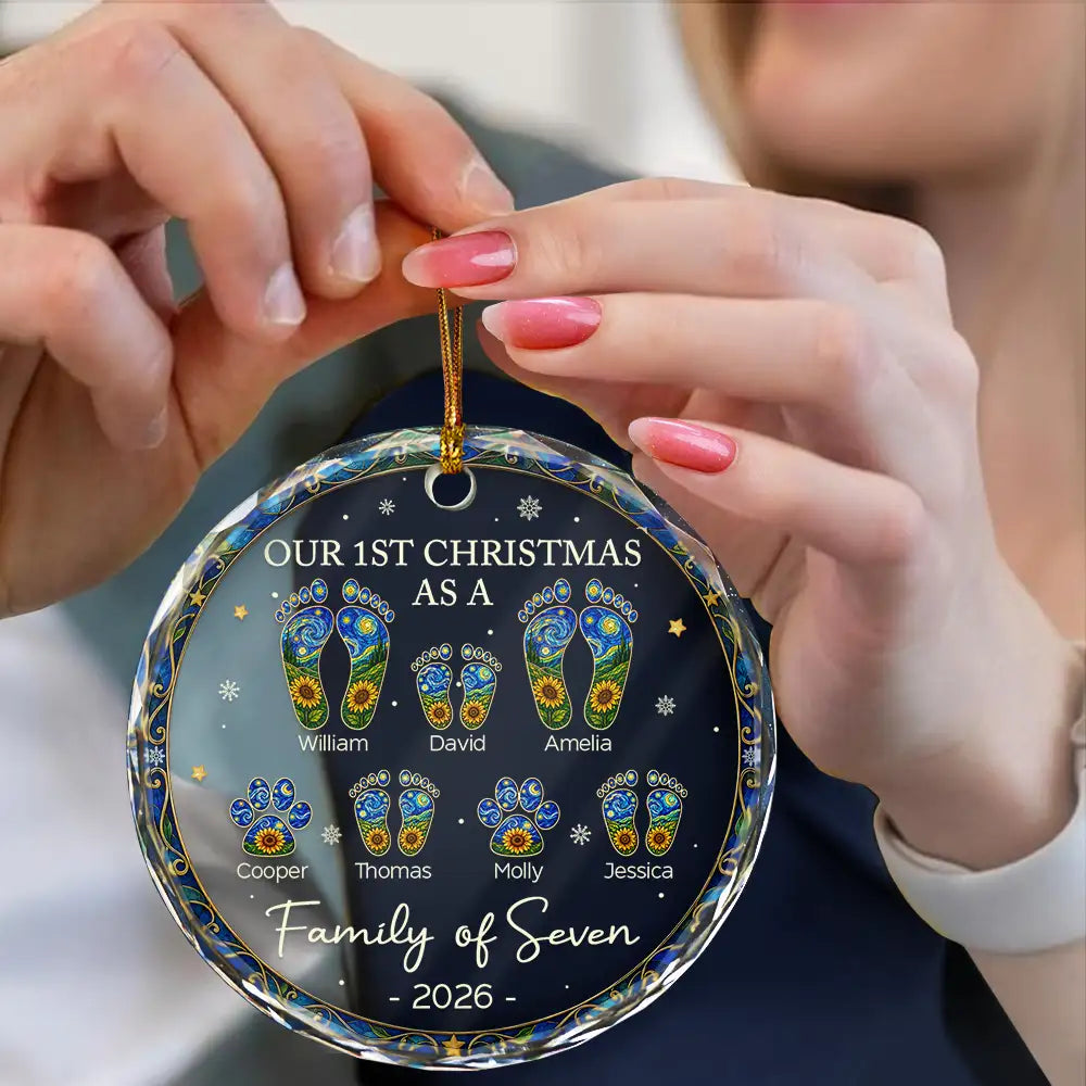 Family,Icon,Happy - First Christmas As A Family Of Four Sunflower Footprints - Personalized Circle Glass Ornament
