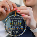 Family,Icon,Happy - First Christmas As A Family Of Four Sunflower Footprints - Personalized Circle Glass Ornament