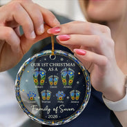 Family,Icon,Happy - First Christmas As A Family Of Four Sunflower Footprints - Personalized Circle Glass Ornament