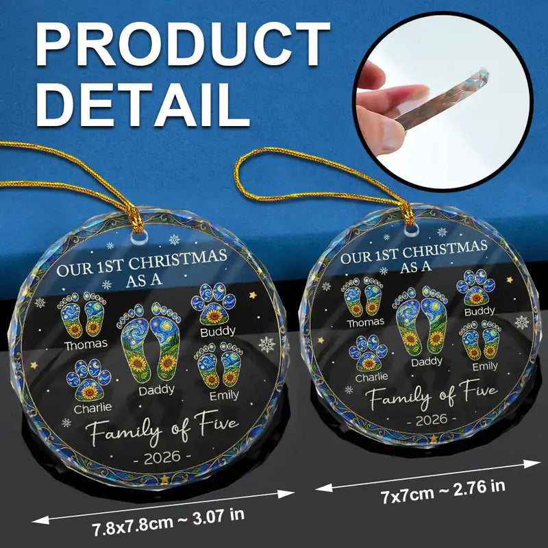 Family,Icon,Happy - First Christmas As A Family Of Four Sunflower Footprints - Personalized Circle Glass Ornament