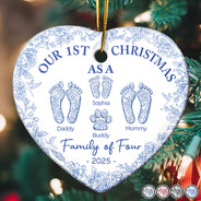 Christmas,Family,Dog Lovers,Cat Lovers,Pet Lovers,Parents,Happy - First Christmas As A Family Of Four Toile Footprints - Personalized Heart Ceramic Ornament