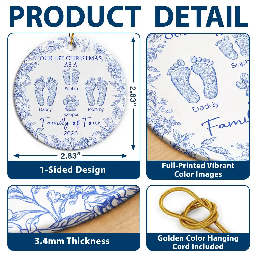 First Christmas As A Family Of Four Toile Footprints - Personalized Circle Ceramic Ornament