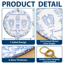 First Christmas As A Family Of Four Toile Footprints - Personalized Circle Ceramic Ornament