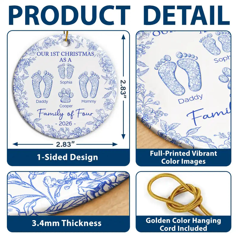 First Christmas As A Family Of Four Toile Footprints - Personalized Circle Ceramic Ornament