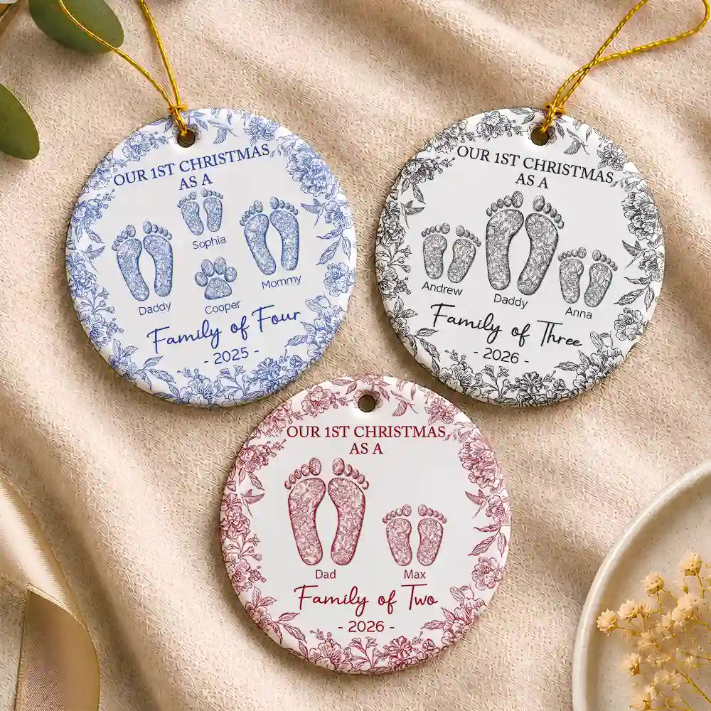 First Christmas As A Family Of Four Toile Footprints - Personalized Circle Ceramic Ornament