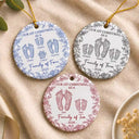 First Christmas As A Family Of Four Toile Footprints - Personalized Circle Ceramic Ornament