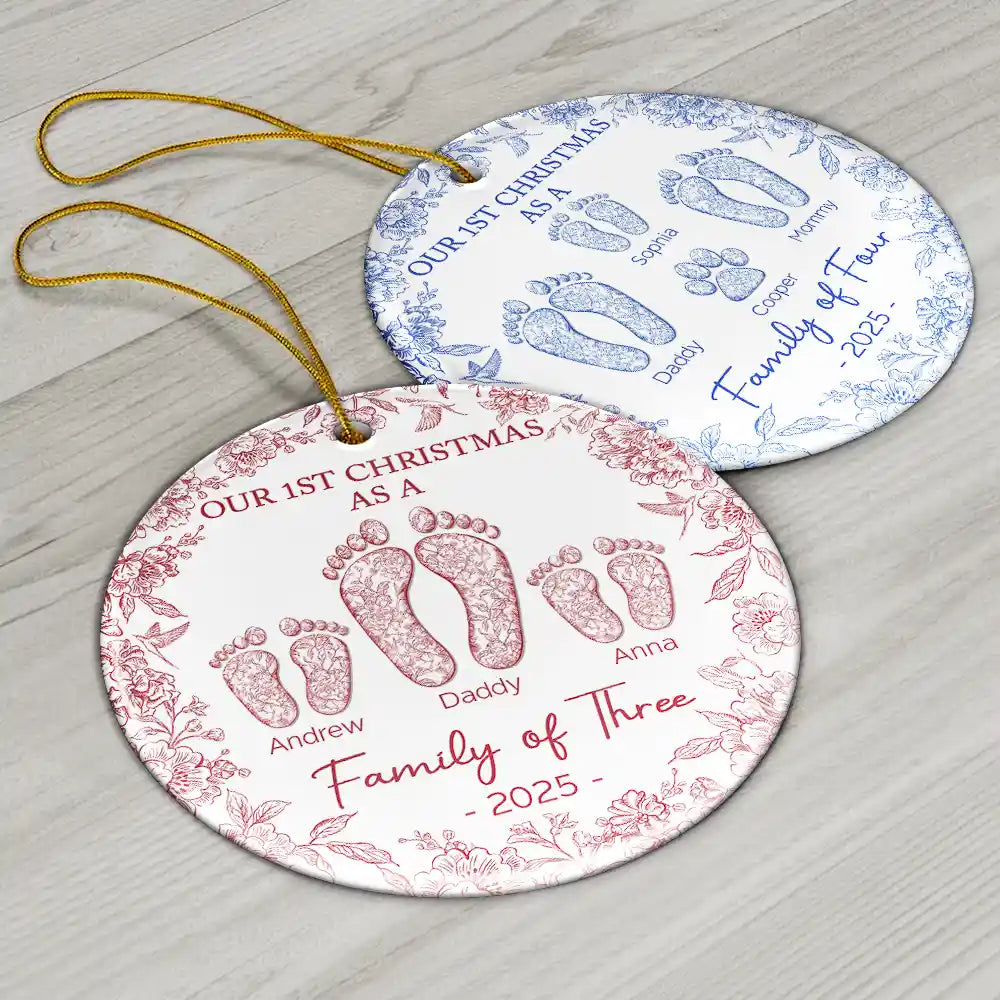 Christmas, Family, Dog Lovers, Cat Lovers, Pet Lovers, Parents, Happy - First Christmas As A Family Of Four Toile Footprints - Personalized Circle Ceramic Ornament
