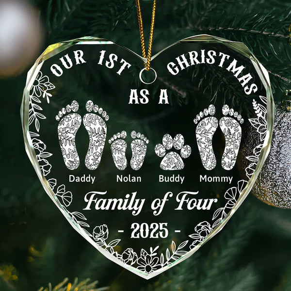Christmas,Family,Dog Lovers,Cat Lovers,Pet Lovers,Parents,Happy - First Christmas As A Family Of Four Toile Footprints - Personalized Heart Shaped Glass Ornament