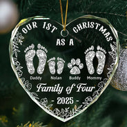 Christmas,Family,Dog Lovers,Cat Lovers,Pet Lovers,Parents,Happy - First Christmas As A Family Of Four Toile Footprints - Personalized Heart Shaped Glass Ornament