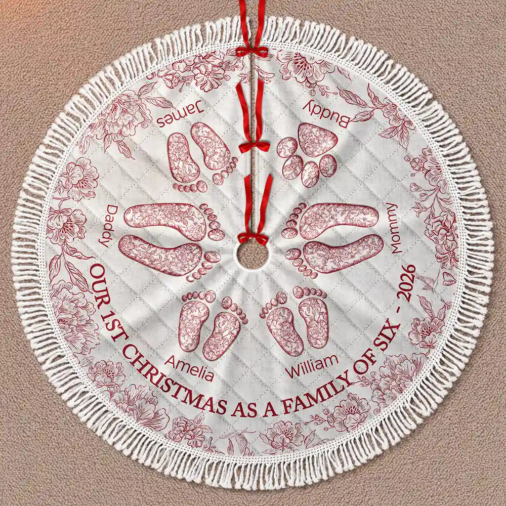 Gift For Wife,Christmas,Indoor Decor,Gift For Couples,Icon,Happy - First Christmas As A Family Of Four Toile Footprints - Personalized Tree Skirt