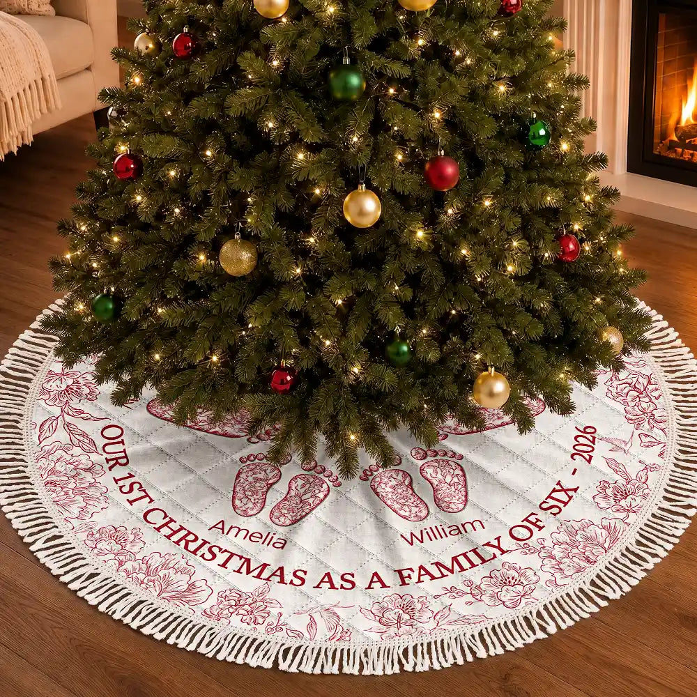 Gift For Wife,Christmas,Indoor Decor,Gift For Couples,Icon,Happy - First Christmas As A Family Of Four Toile Footprints - Personalized Tree Skirt