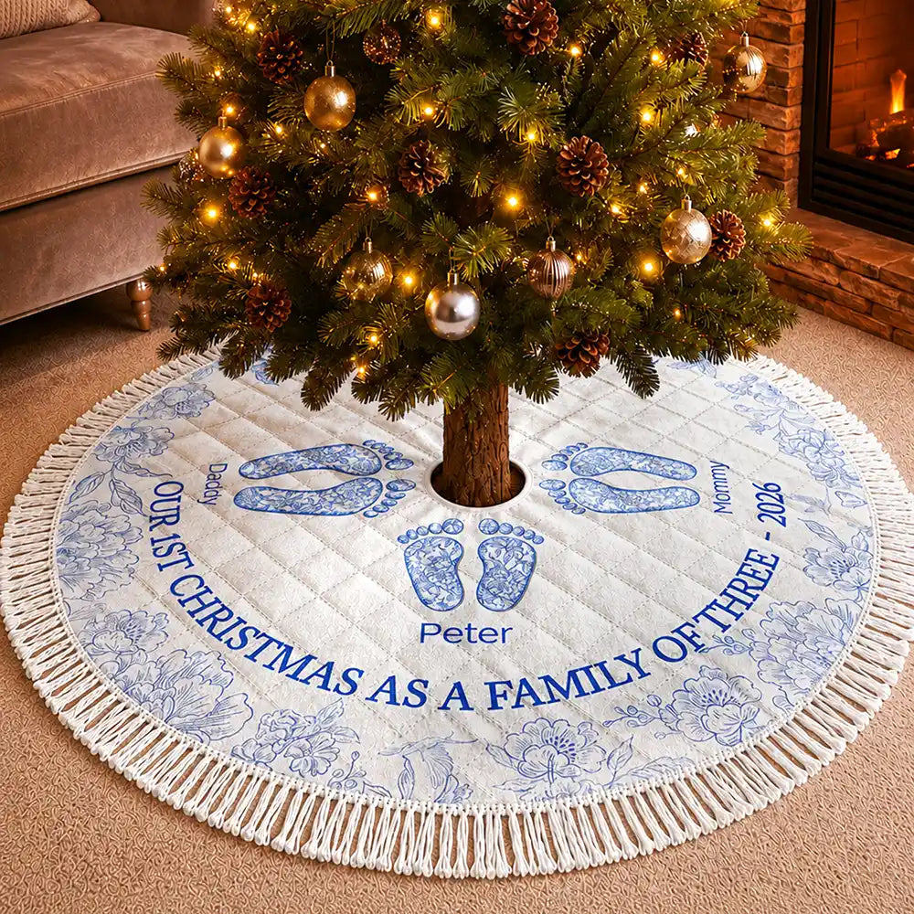 First Christmas As A Family Of Four Toile Footprints - Personalized Tree Skirt