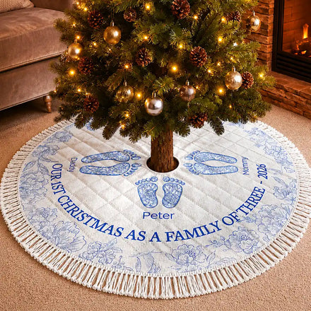 First Christmas As A Family Of Four Toile Footprints - Personalized Tree Skirt