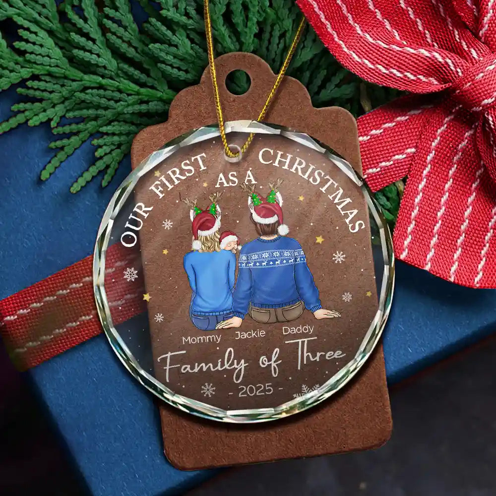 Family, Parents, New Baby - First Christmas As A Family Of Three New Parents - Personalized Circle Glass Ornament
