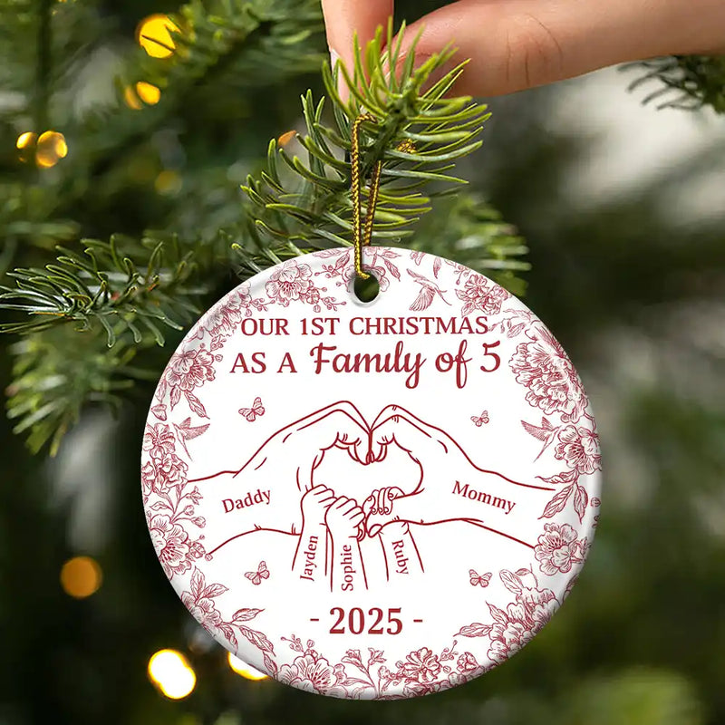 Christmas,Family,Parents,Happy,New Dad,New baby,New Mom - First Christmas As A Family Of Three Toile Hand - Personalized Circle Ceramic Ornament