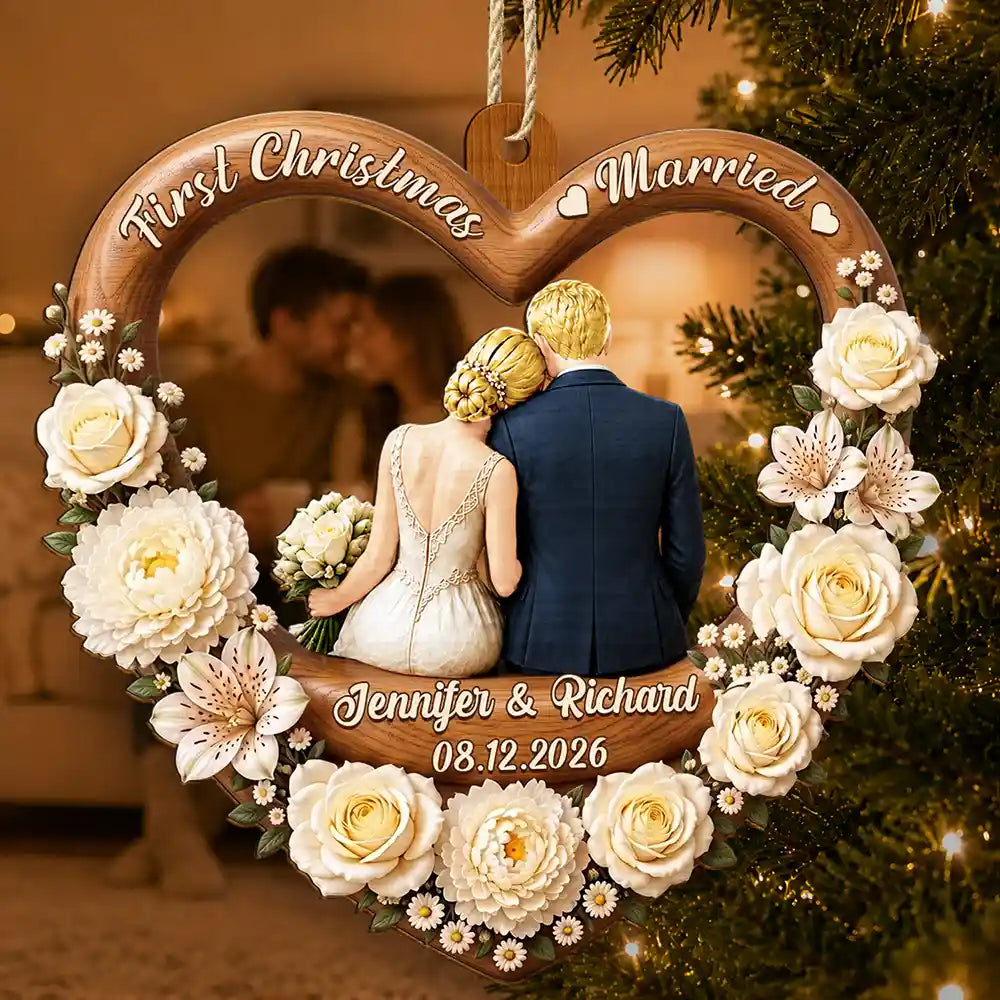 First Christmas As Mr. & Mrs. Couple Backside - Personalized Custom Shaped Wooden Ornament