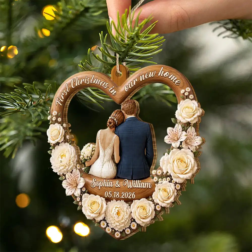 Christmas,Married Couple,Romantic,Gift For Couples,Icon - First Christmas As Mr. & Mrs. Couple Backside - Personalized Custom Shaped Wooden Ornament