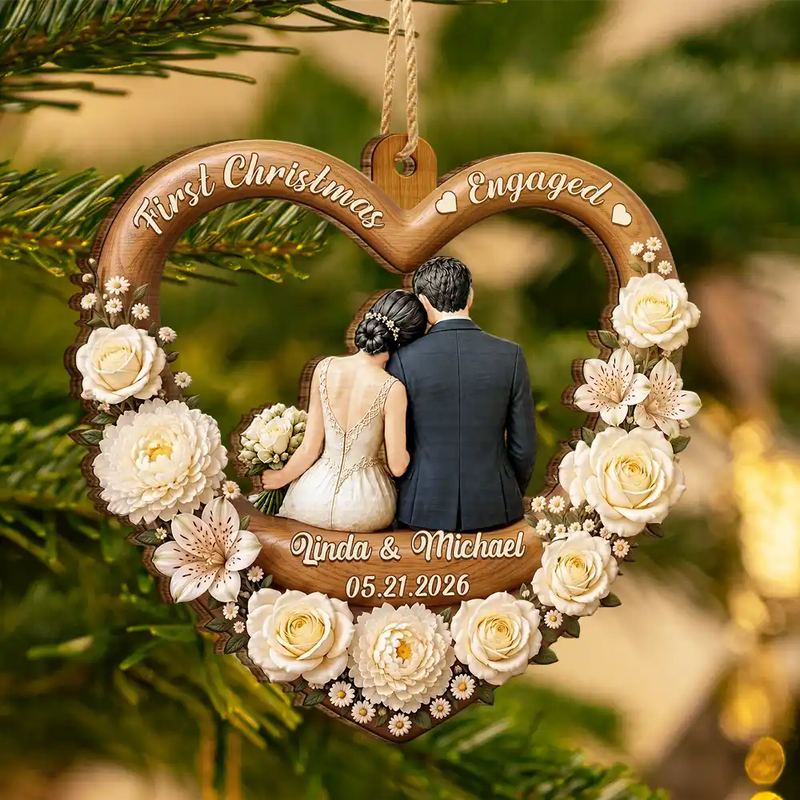 Christmas,Married Couple,Romantic,Gift For Couples,Icon - First Christmas As Mr. & Mrs. Couple Backside - Personalized Custom Shaped Wooden Ornament