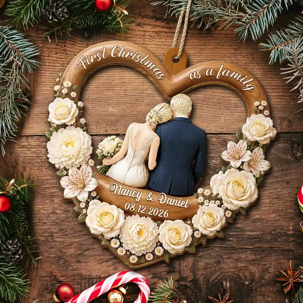 Christmas,Married Couple,Romantic,Gift For Couples,Icon - First Christmas As Mr. & Mrs. Couple Backside - Personalized Custom Shaped Wooden Ornament
