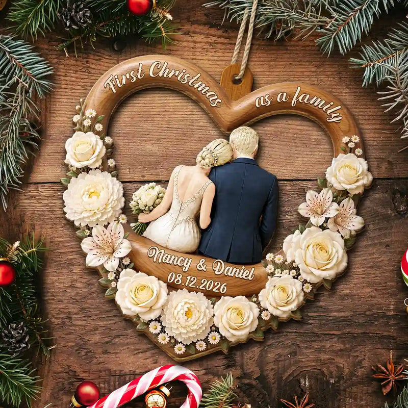 Christmas,Married Couple,Romantic,Gift For Couples,Icon - First Christmas As Mr. & Mrs. Couple Backside - Personalized Custom Shaped Wooden Ornament