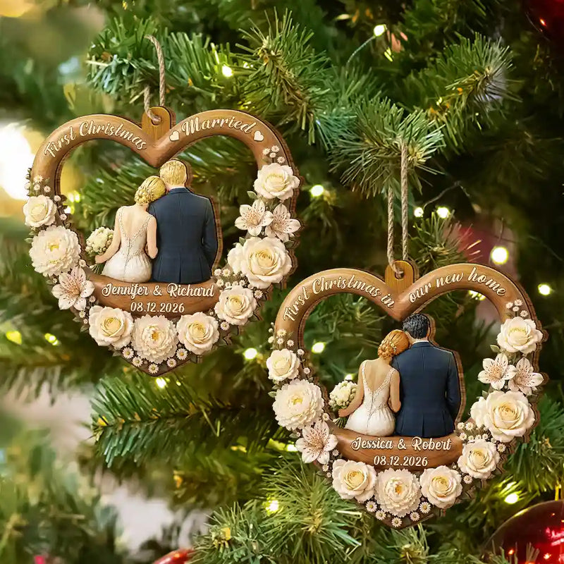 Christmas,Married Couple,Romantic,Gift For Couples,Icon - First Christmas As Mr. & Mrs. Couple Backside - Personalized Custom Shaped Wooden Ornament
