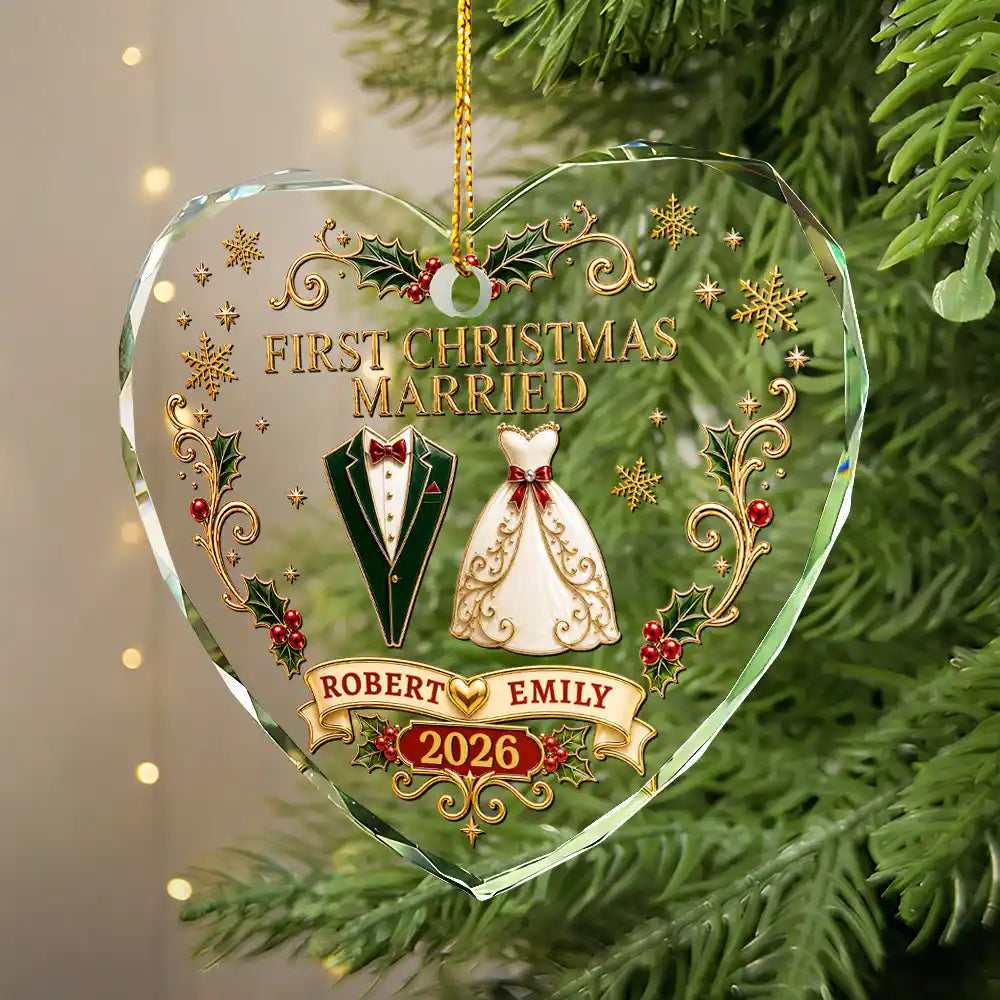 Christmas,Married Couple,Romantic,Gift For Couples,Icon - First Christmas As Mr. & Mrs. Vintage - Personalized Heart Shaped Glass Ornament