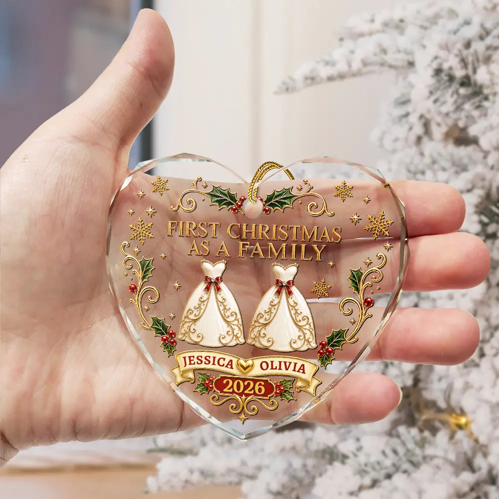 Christmas,Married Couple,Romantic,Gift For Couples,Icon - First Christmas As Mr. & Mrs. Vintage - Personalized Heart Shaped Glass Ornament