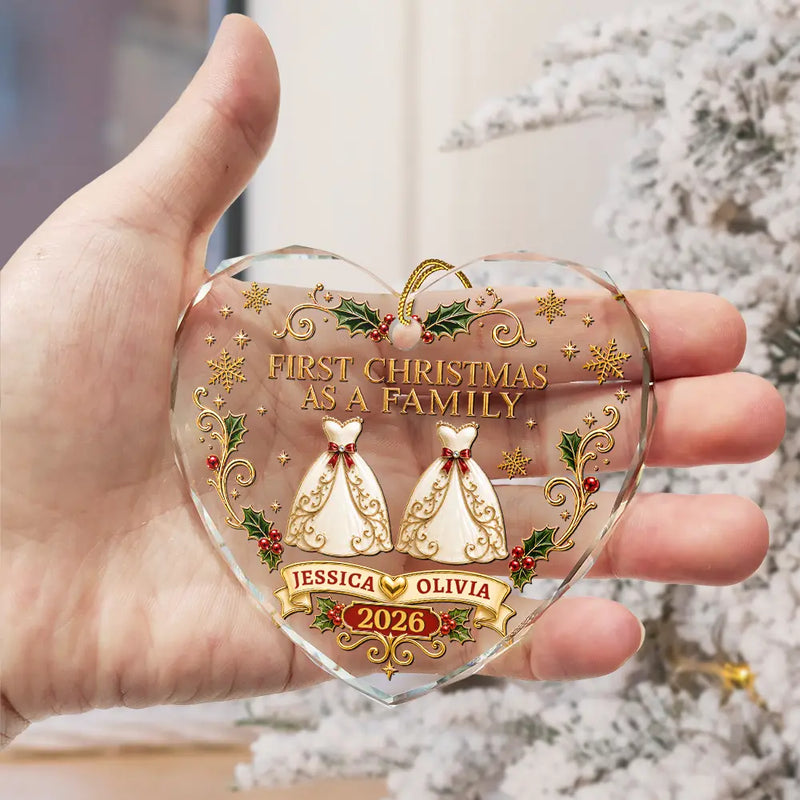 Christmas,Married Couple,Romantic,Gift For Couples,Icon - First Christmas As Mr. & Mrs. Vintage - Personalized Heart Shaped Glass Ornament