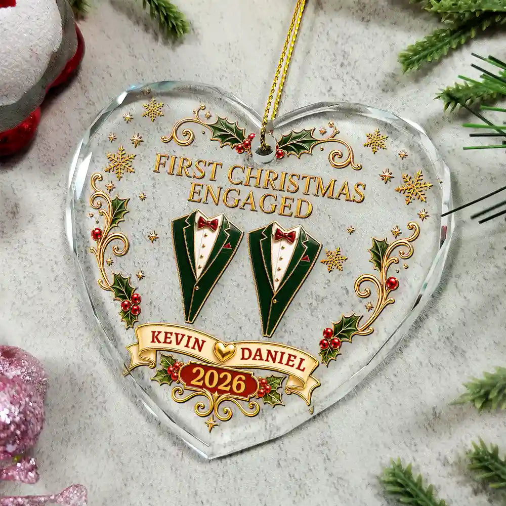 Christmas,Married Couple,Romantic,Gift For Couples,Icon - First Christmas As Mr. & Mrs. Vintage - Personalized Heart Shaped Glass Ornament