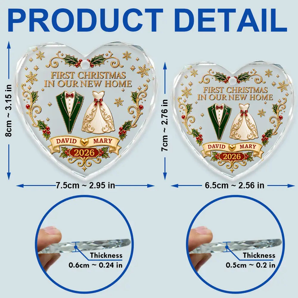 Christmas,Married Couple,Romantic,Gift For Couples,Icon - First Christmas As Mr. & Mrs. Vintage - Personalized Heart Shaped Glass Ornament