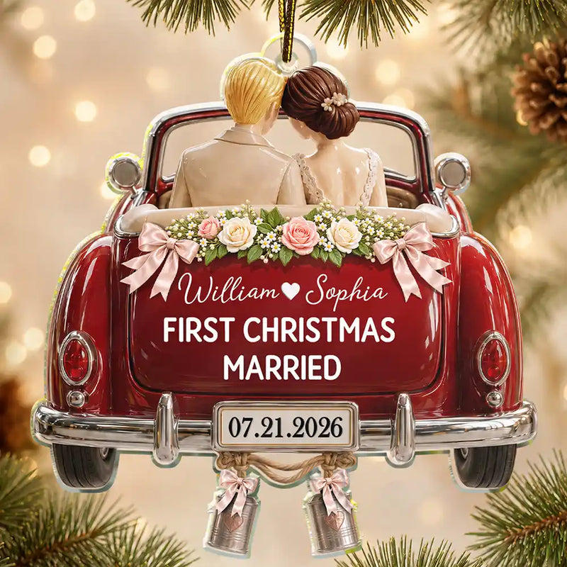 Christmas,Married Couple,Romantic,Gift For Couples,Vector - First Christmas As Mr. & Mrs. Wedding Car - Personalized Custom Shaped Acrylic Ornament
