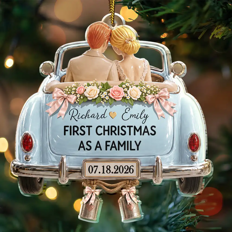 Christmas,Married Couple,Romantic,Gift For Couples,Vector - First Christmas As Mr. & Mrs. Wedding Car - Personalized Custom Shaped Acrylic Ornament