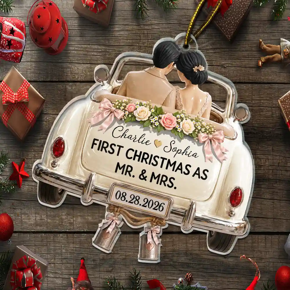 Christmas,Married Couple,Romantic,Gift For Couples,Vector - First Christmas As Mr. & Mrs. Wedding Car - Personalized Custom Shaped Acrylic Ornament