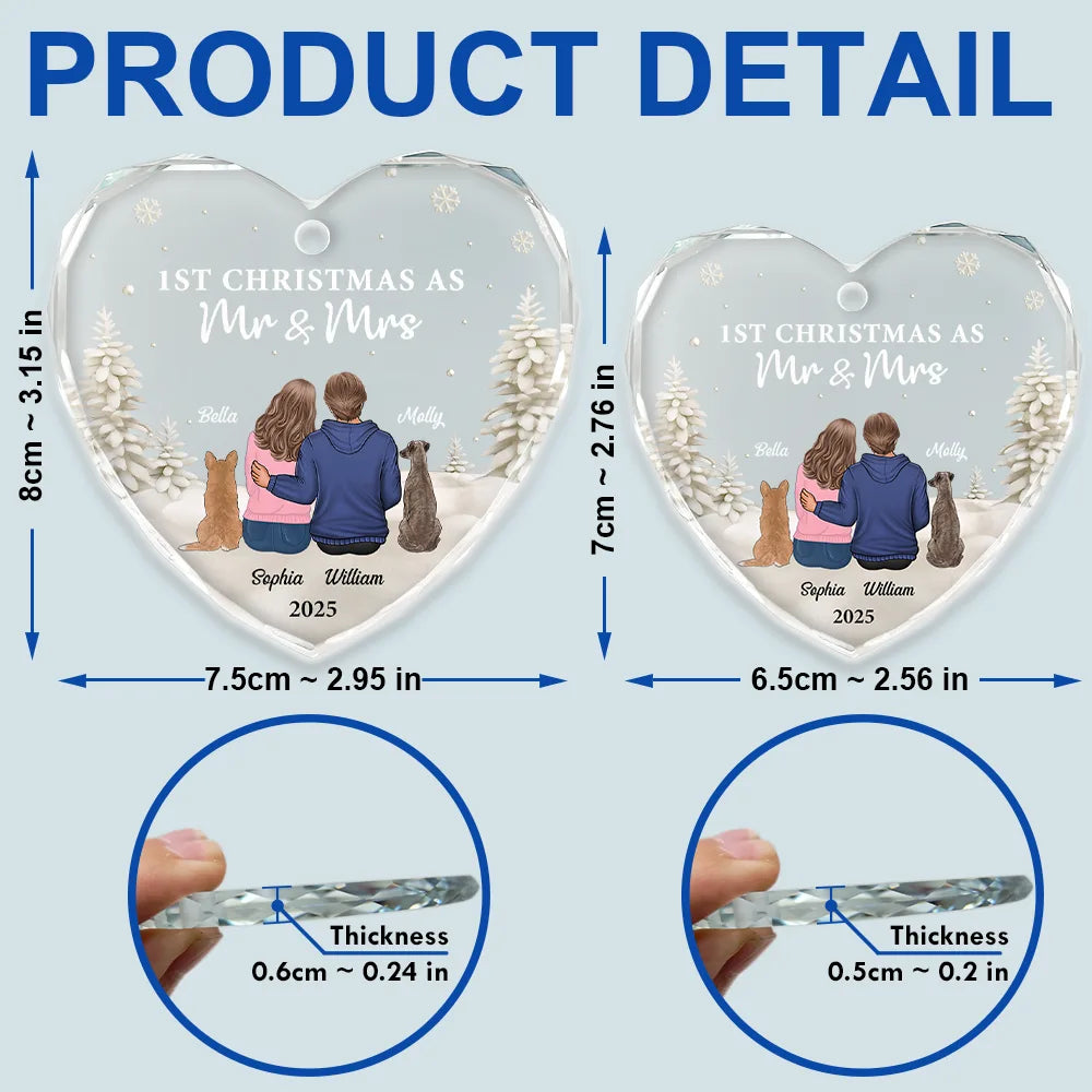 Christmas, Gift For Couples, Engaged, Wedding, Married , Pet Couple, Dog Lovers, Pet Lovers, Cat Lovers, Love - First Christmas As Mr & Mrs Dog Cat - Personalized Heart Shaped Glass Ornament