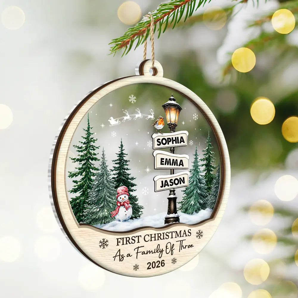 Adorable,First Christmas,Christmas,Family,Icon - First Christmas Family Road Sign - Personalized 2-Layered Mix Ornament